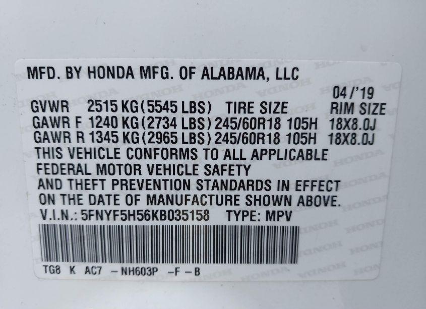Photo 9 of 2019 Honda Pilot EX-L (VIN 5FNYF5H56KB035158)