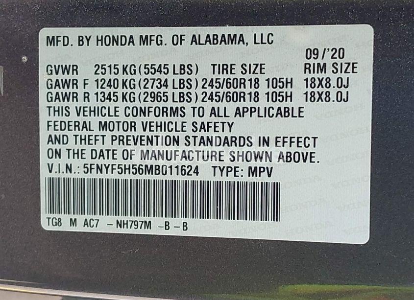 Photo 9 of 2021 Honda Pilot 2WD EX-L (VIN 5FNYF5H56MB011624)