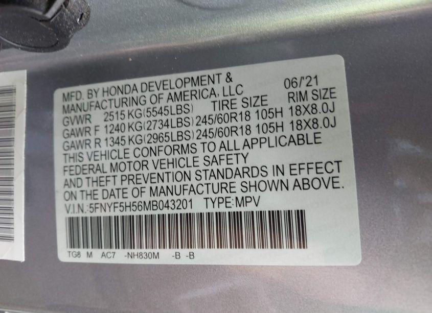 Photo 9 of 2021 Honda Pilot 2WD EX-L (VIN 5FNYF5H56MB043201)