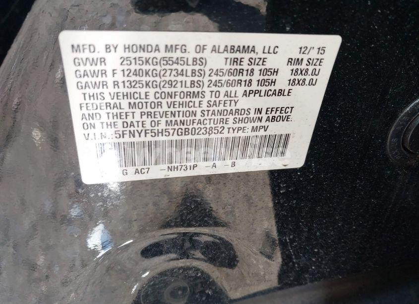 Photo 9 of 2016 Honda Pilot EX-L (VIN 5FNYF5H57GB023852)