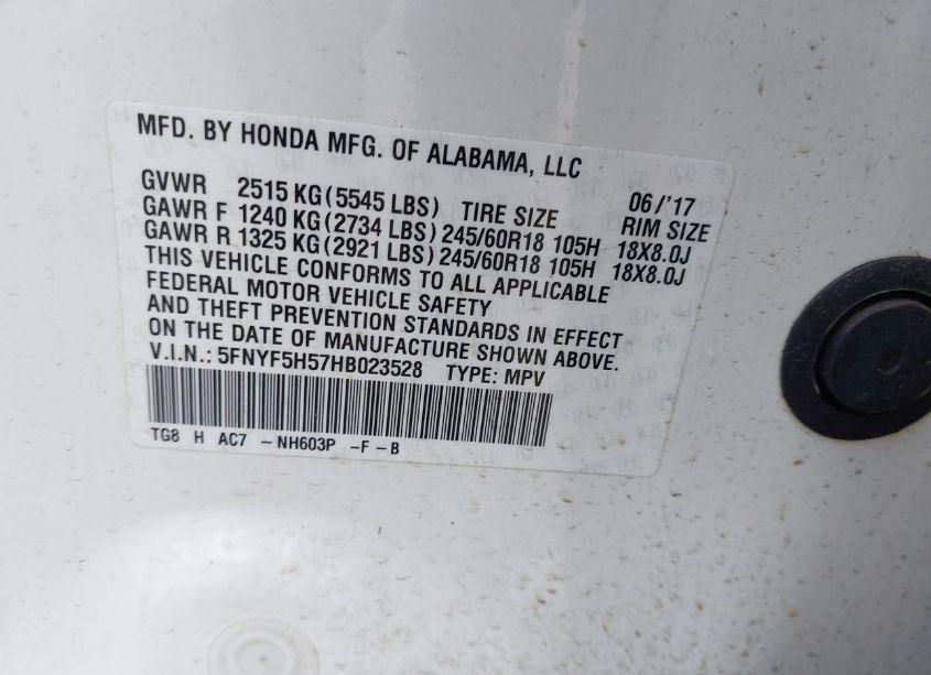 Photo 9 of 2017 Honda Pilot EX-L (VIN 5FNYF5H57HB023528)