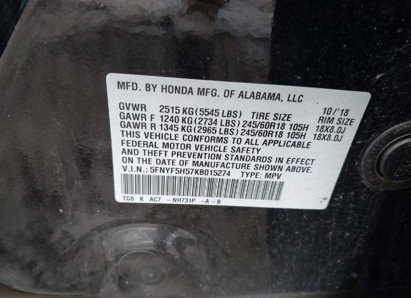 Photo 9 of 2019 Honda Pilot EX-L (VIN 5FNYF5H57KB015274)