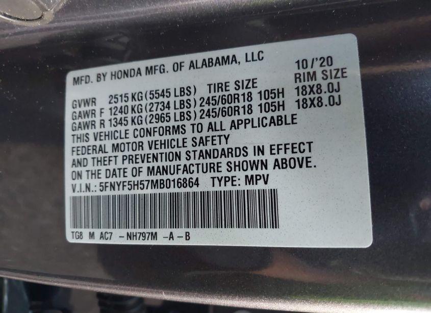 Photo 9 of 2021 Honda Pilot 2WD EX-L (VIN 5FNYF5H57MB016864)