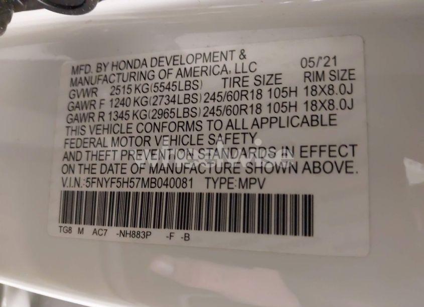 Photo 9 of 2021 Honda Pilot 2WD EX-L (VIN 5FNYF5H57MB040081)