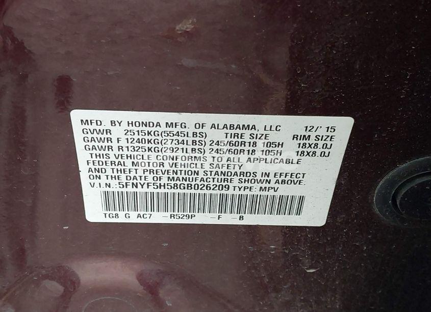 Photo 9 of 2016 Honda Pilot EX-L (VIN 5FNYF5H58GB026209)