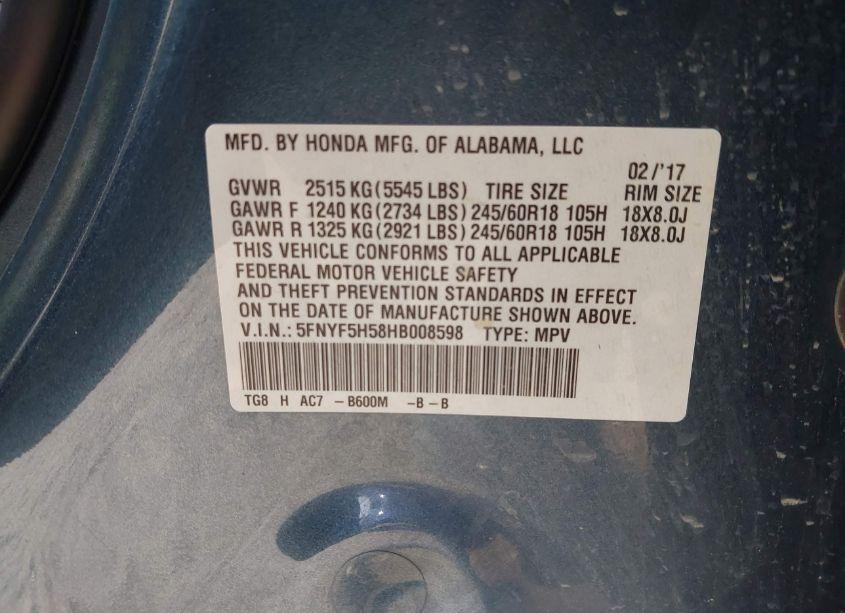 Photo 9 of 2017 Honda Pilot EX-L (VIN 5FNYF5H58HB008598)