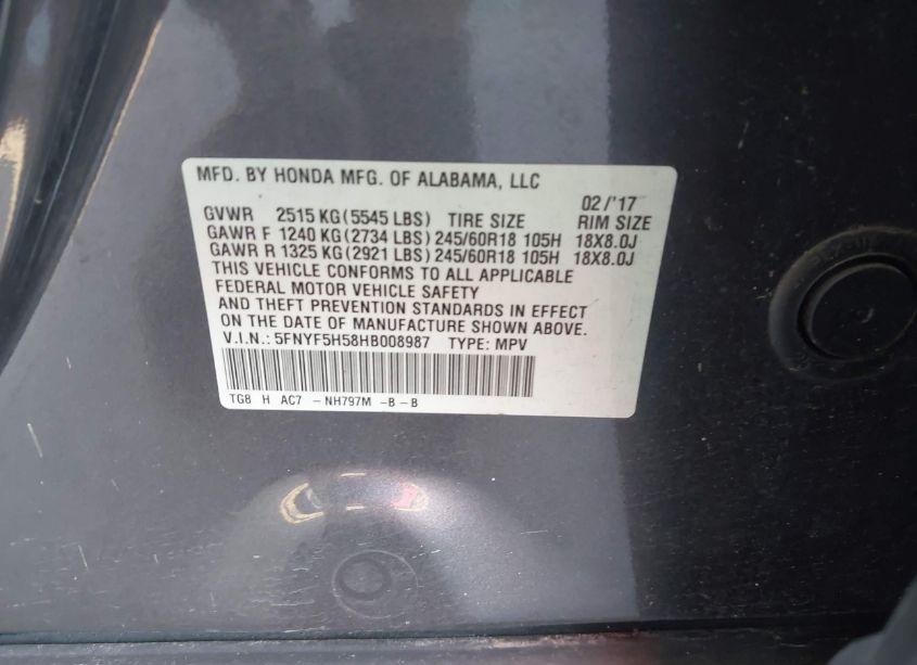 Photo 9 of 2017 Honda Pilot EX-L (VIN 5FNYF5H58HB008987)