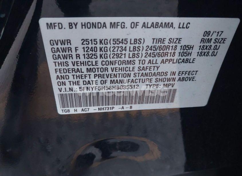 Photo 9 of 2017 Honda Pilot EX-L (VIN 5FNYF5H58HB035512)