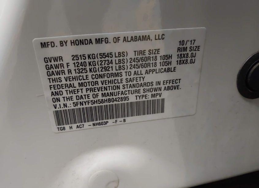 Photo 9 of 2017 Honda Pilot EX-L (VIN 5FNYF5H58HB042895)