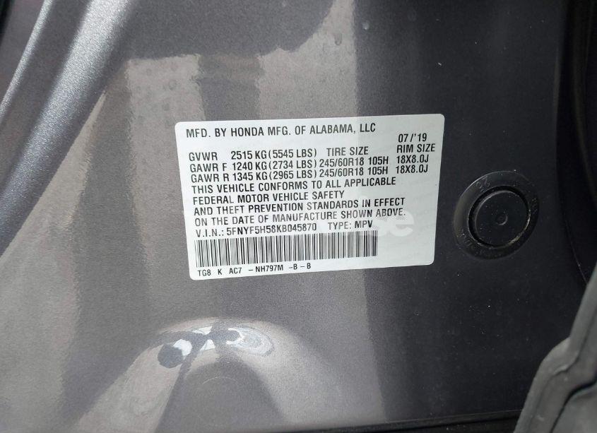 Photo 9 of 2019 Honda Pilot EX-L (VIN 5FNYF5H58KB045870)