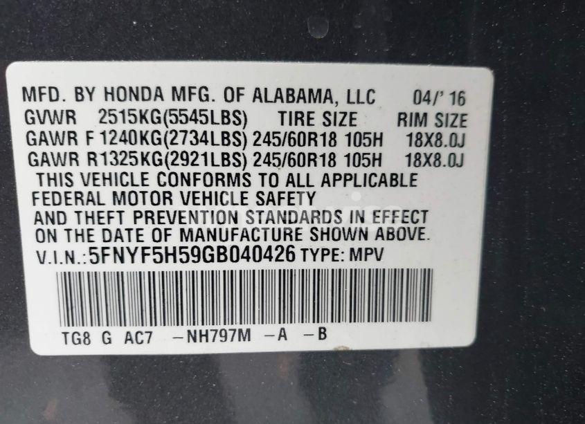 Photo 9 of 2016 Honda Pilot EX-L (VIN 5FNYF5H59GB040426)