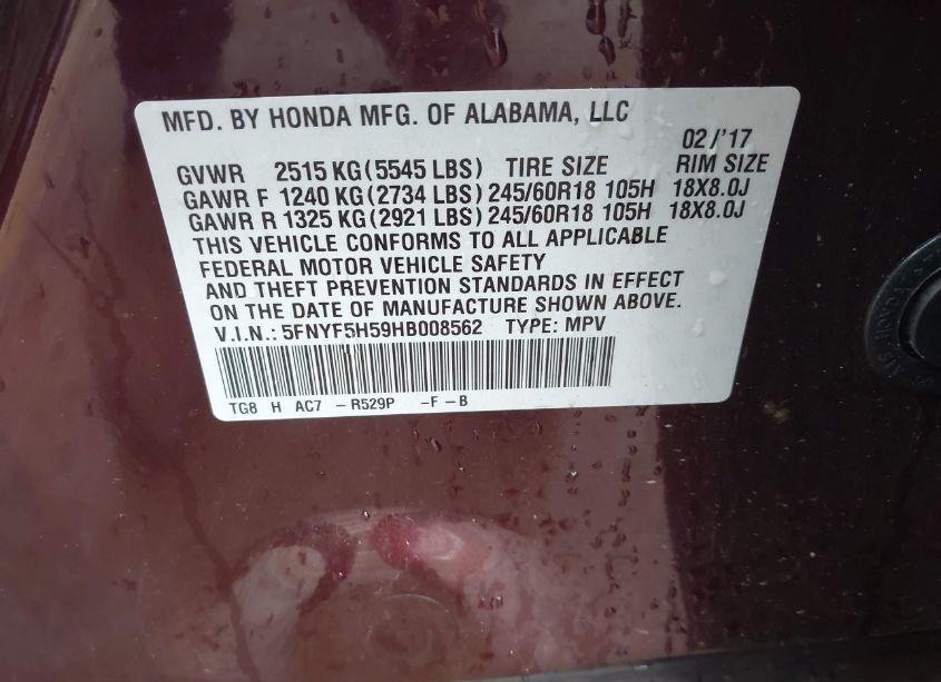 Photo 9 of 2017 Honda Pilot EX-L (VIN 5FNYF5H59HB008562)