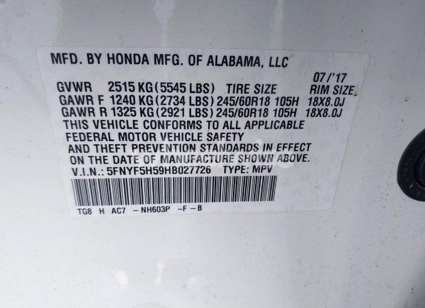 Photo 9 of 2017 Honda Pilot EX-L (VIN 5FNYF5H59HB027726)