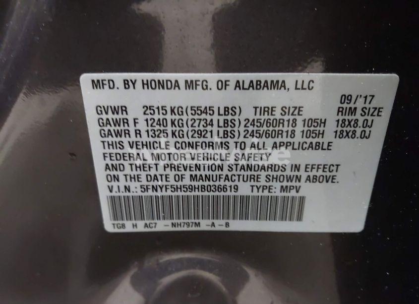 Photo 9 of 2017 Honda Pilot EX-L (VIN 5FNYF5H59HB036619)