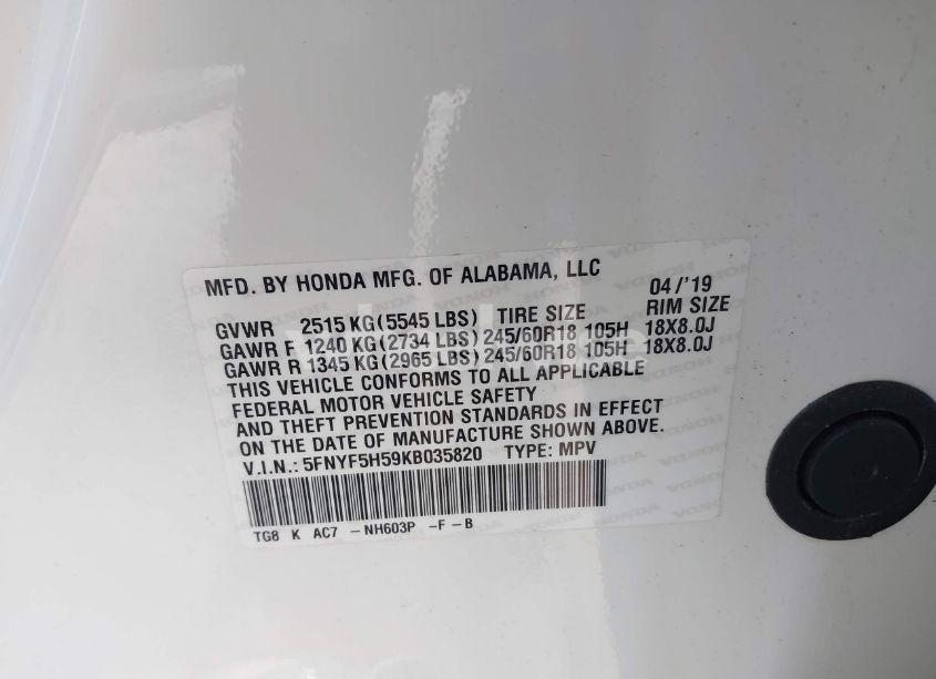 Photo 9 of 2019 Honda Pilot EX-L (VIN 5FNYF5H59KB035820)