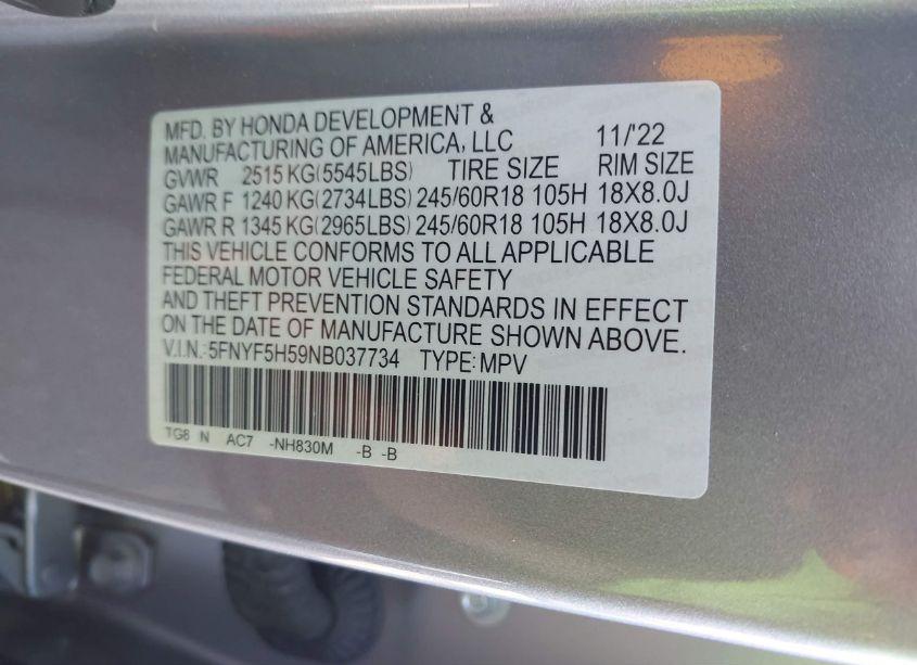 Photo 9 of 2022 Honda Pilot EXL (VIN 5FNYF5H59NB037734)