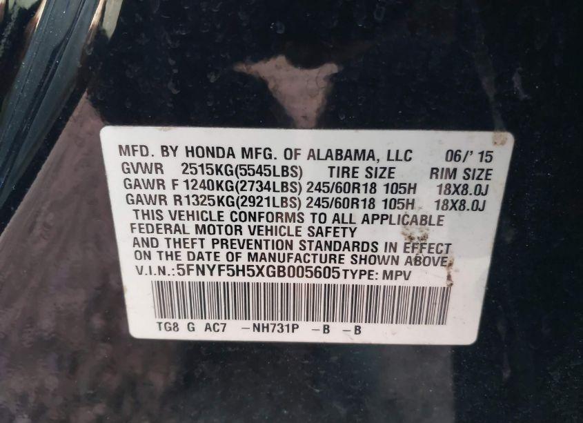 Photo 9 of 2016 Honda Pilot EX-L (VIN 5FNYF5H5XGB005605)