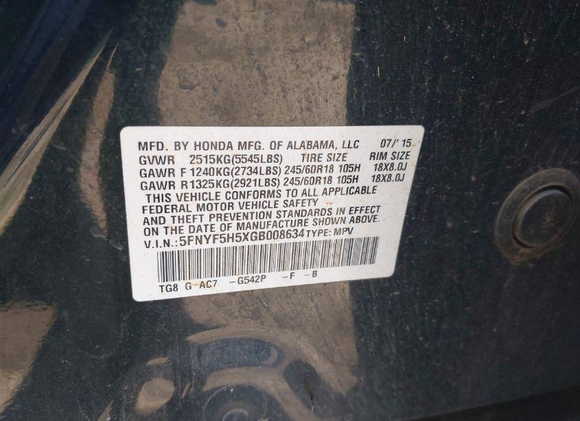 Photo 9 of 2016 Honda Pilot EX-L (VIN 5FNYF5H5XGB008634)