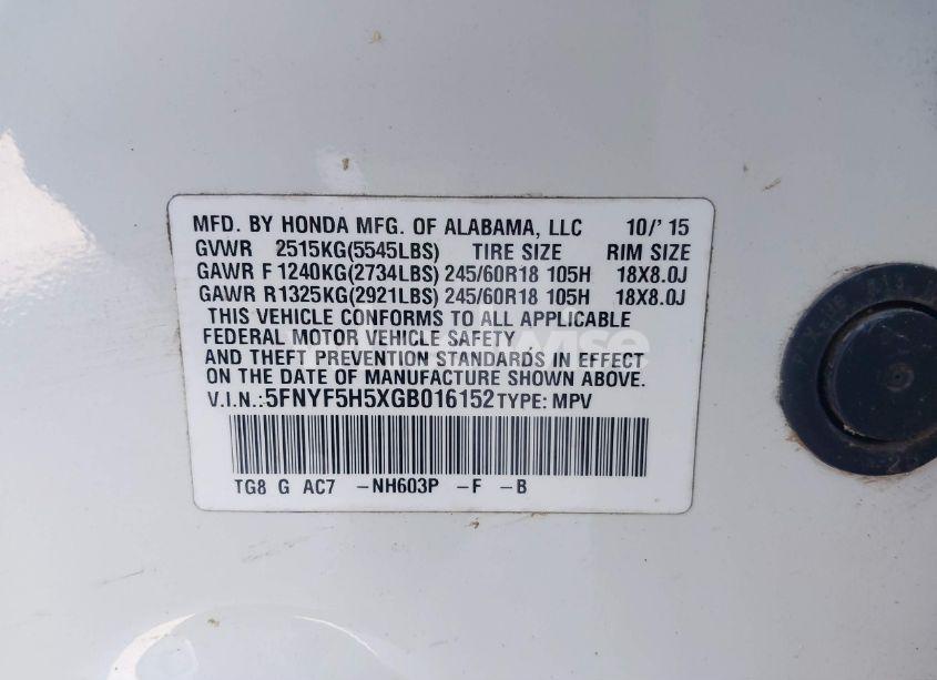 Photo 9 of 2016 Honda Pilot EX-L (VIN 5FNYF5H5XGB016152)