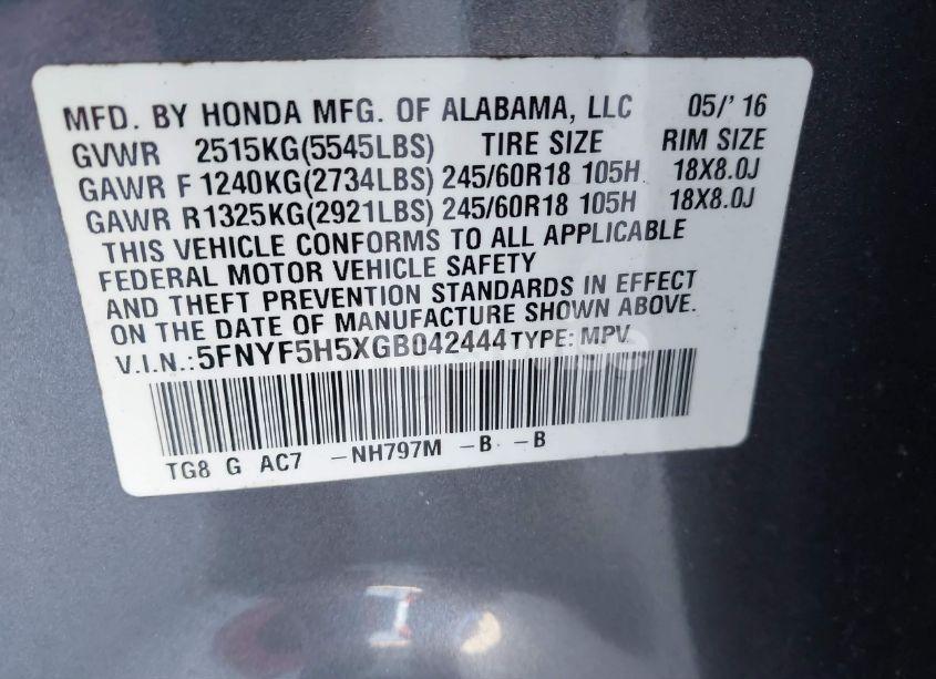 Photo 9 of 2016 Honda Pilot EX-L (VIN 5FNYF5H5XGB042444)