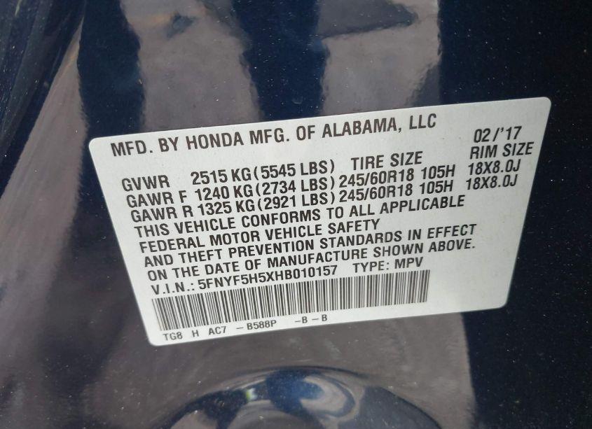 Photo 9 of 2017 Honda Pilot EX-L (VIN 5FNYF5H5XHB010157)