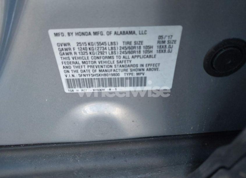 Photo 9 of 2017 Honda Pilot EX-L (VIN 5FNYF5H5XHB019800)