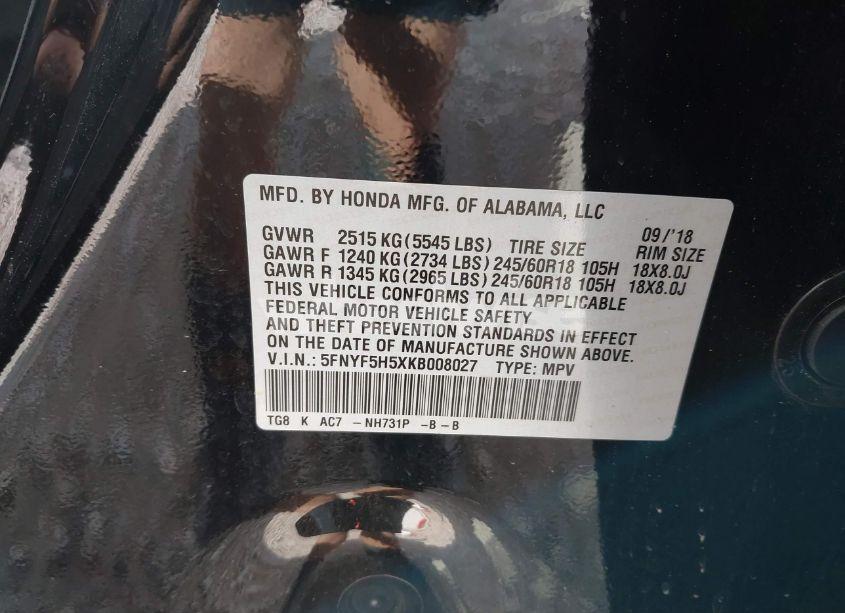 Photo 9 of 2019 Honda Pilot EX-L (VIN 5FNYF5H5XKB008027)