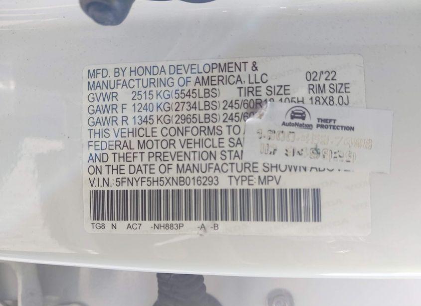 Photo 9 of 2022 Honda Pilot 2WD EX-L (VIN 5FNYF5H5XNB016293)