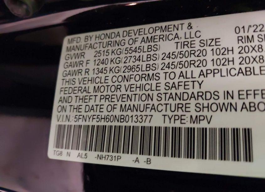 Photo 9 of 2022 Honda Pilot 2WD TOURING 7 PASSENGER (VIN 5FNYF5H60NB013377)