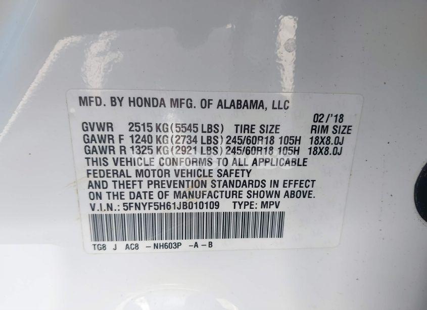 Photo 9 of 2018 Honda Pilot EX-L (VIN 5FNYF5H61JB010109)