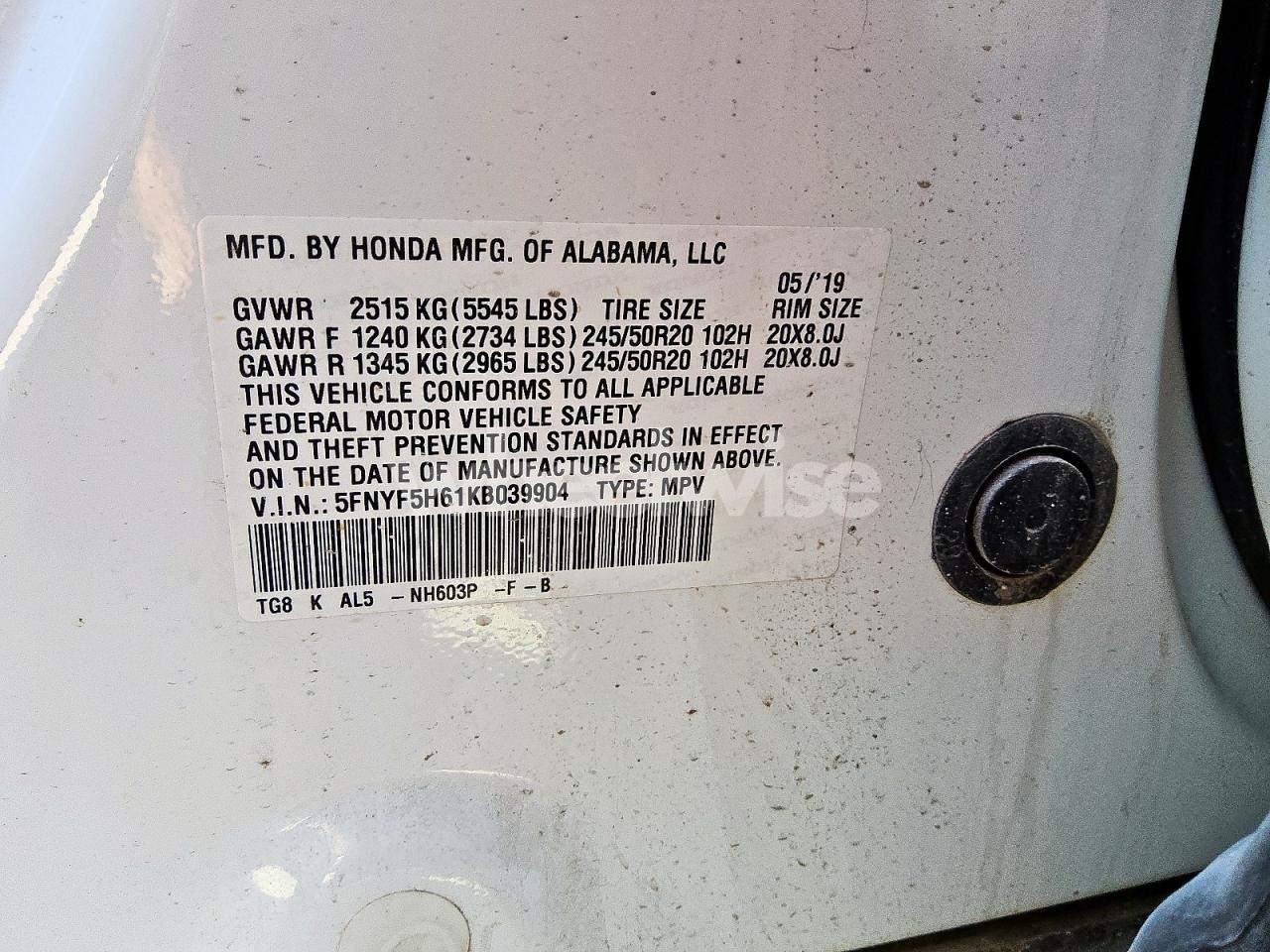 Photo 12 of 2019 HONDA PILOT TOURING (VIN 5FNYF5H61KB039904)