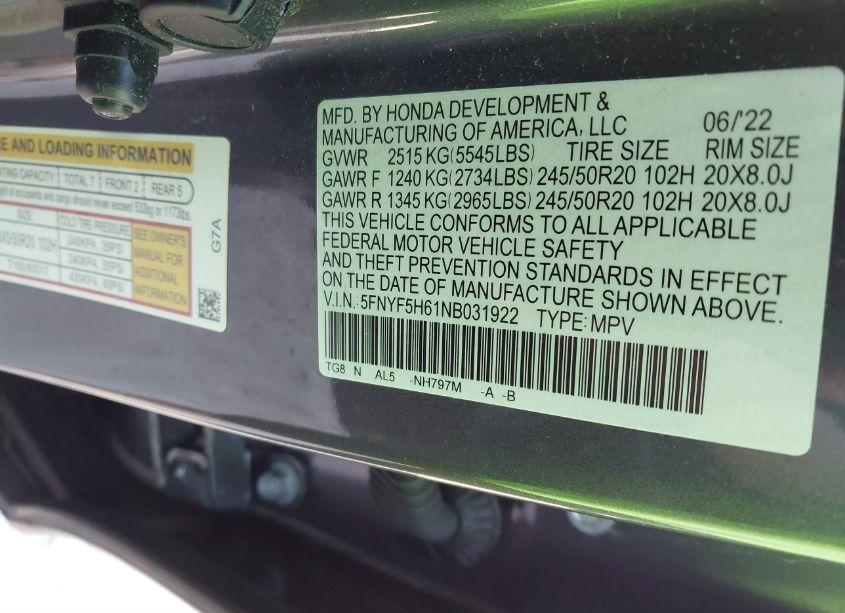 Photo 9 of 2022 Honda Pilot 2WD TOURING 7 PASSENGER (VIN 5FNYF5H61NB031922)