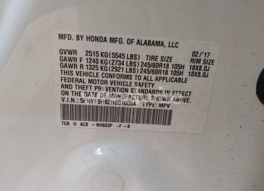 Photo 9 of 2017 Honda Pilot EX-L (VIN 5FNYF5H62HB010064)