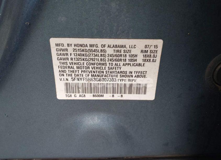 Photo 9 of 2016 Honda Pilot EX-L (VIN 5FNYF5H63GB007303)