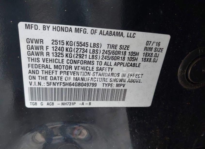 Photo 9 of 2016 Honda Pilot EX-L (VIN 5FNYF5H64GB049799)