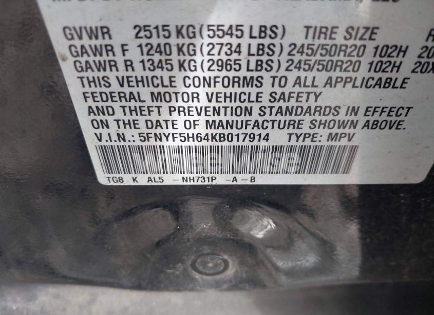 Photo 9 of 2019 Honda Pilot TOURING (VIN 5FNYF5H64KB017914)