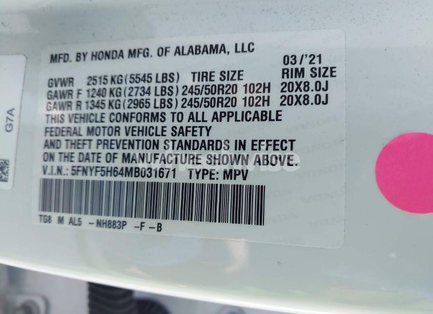 Photo 9 of 2021 Honda Pilot 2WD TOURING 7 PASSENGER (VIN 5FNYF5H64MB031671)