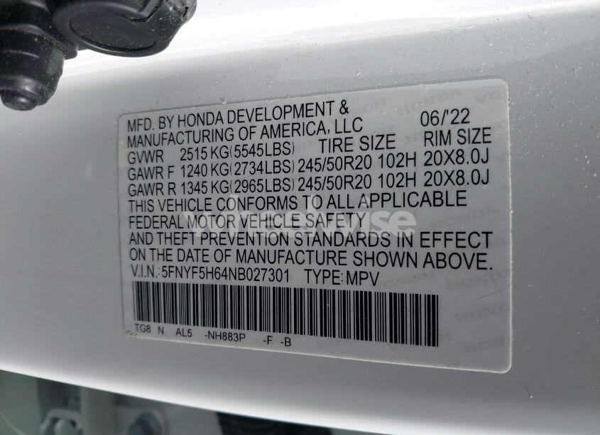 Photo 9 of 2022 Honda Pilot 2WD TOURING 7 PASSENGER (VIN 5FNYF5H64NB027301)