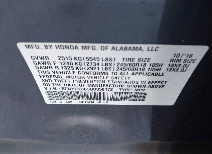 Photo 9 of 2016 Honda Pilot EX-L (VIN 5FNYF5H65GB058172)