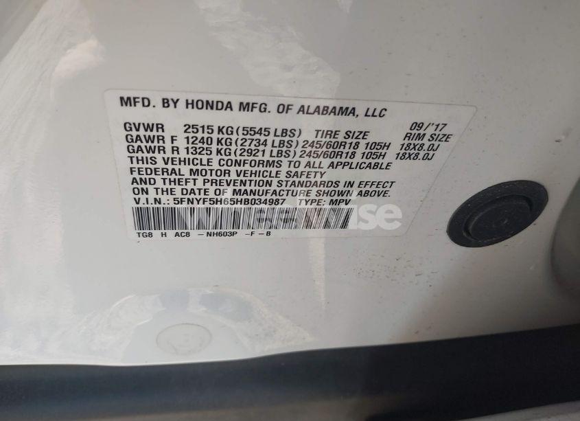 Photo 9 of 2017 Honda Pilot EX-L (VIN 5FNYF5H65HB034987)