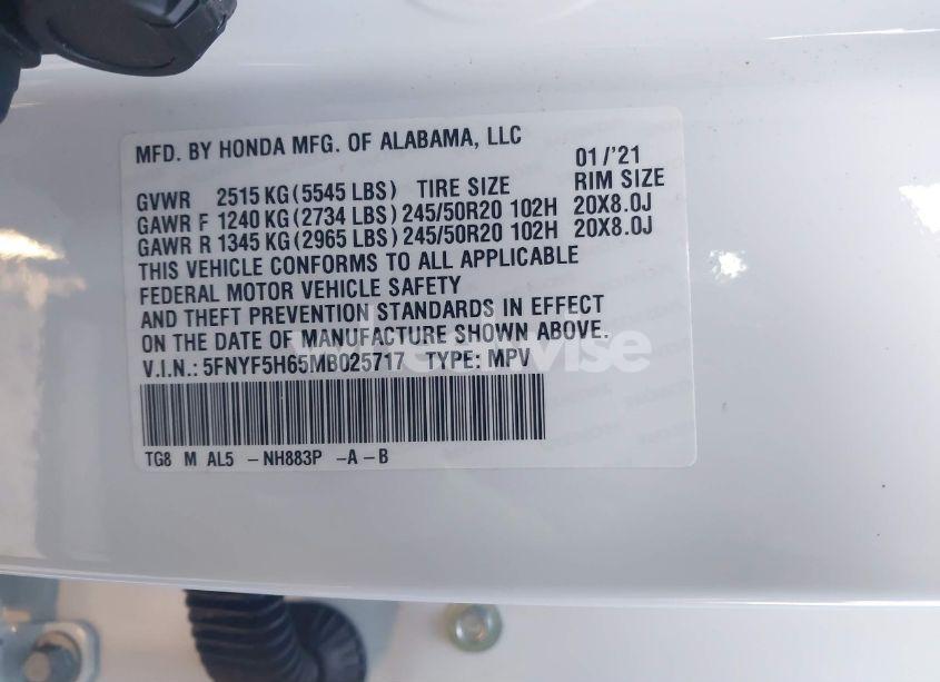 Photo 9 of 2021 Honda Pilot 2WD TOURING 7 PASSENGER (VIN 5FNYF5H65MB025717)