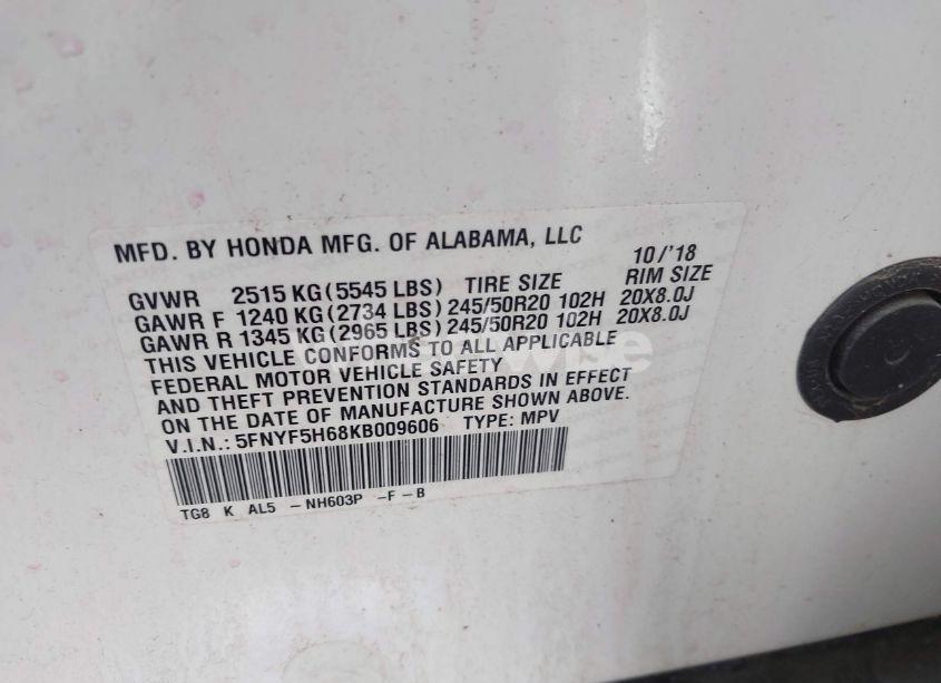 Photo 9 of 2019 Honda Pilot TOURING (VIN 5FNYF5H68KB009606)