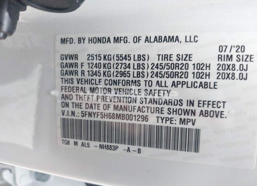 Photo 9 of 2021 Honda Pilot 2WD TOURING 7 PASSENGER (VIN 5FNYF5H68MB001296)