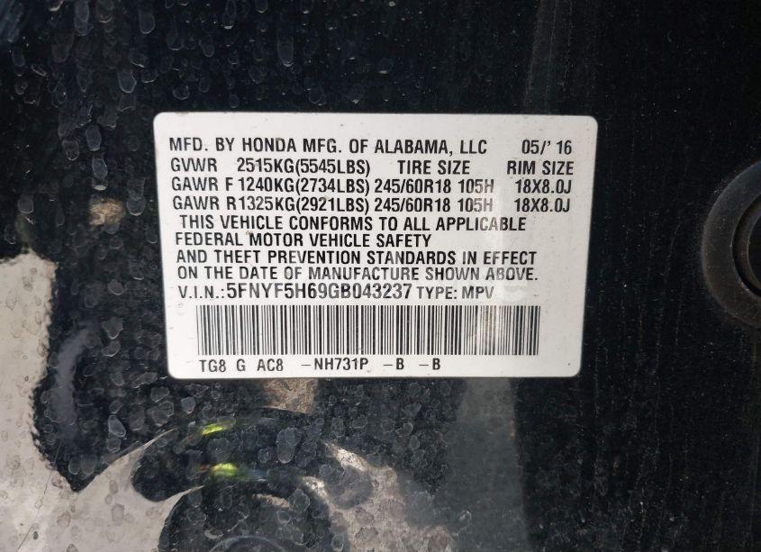 Photo 9 of 2016 Honda Pilot EX-L (VIN 5FNYF5H69GB043237)