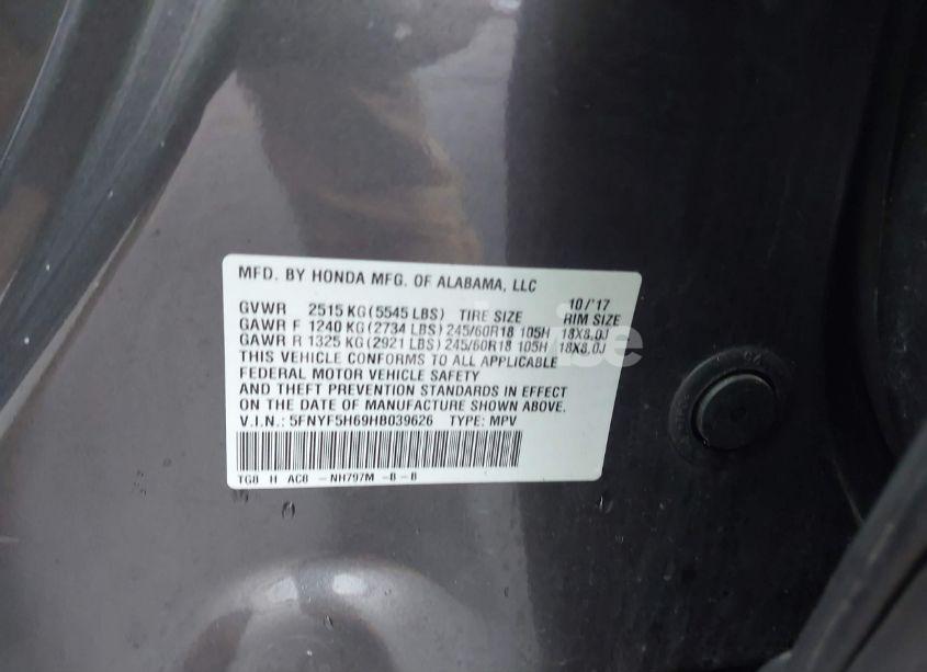 Photo 9 of 2017 Honda Pilot EX-L (VIN 5FNYF5H69HB039626)