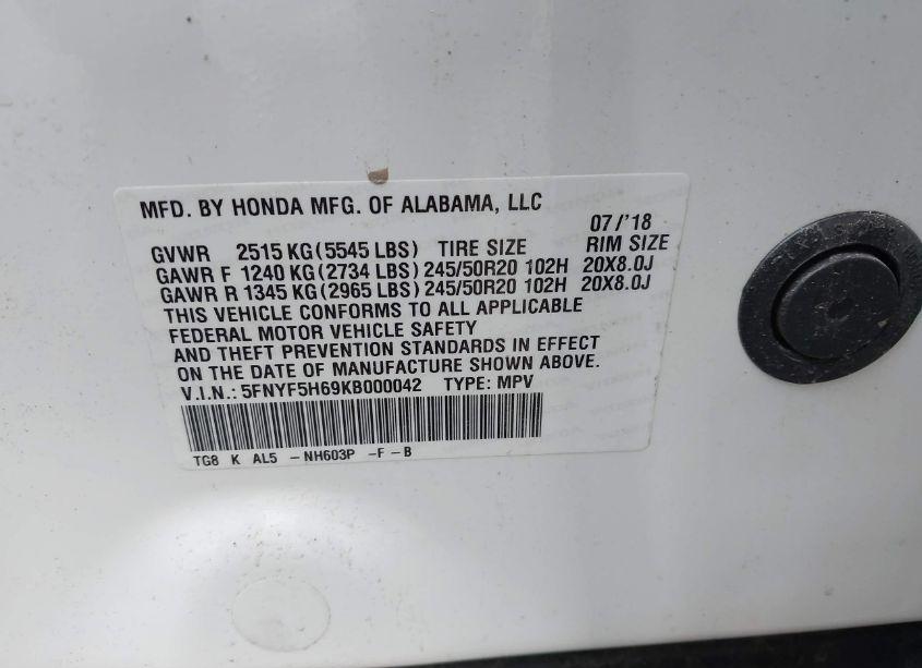 Photo 9 of 2019 Honda Pilot TOURING (VIN 5FNYF5H69KB000042)