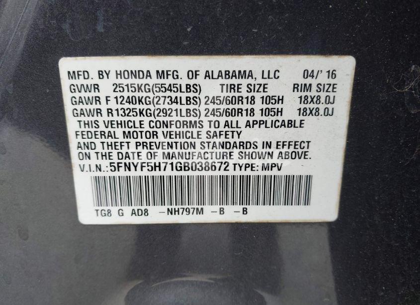 Photo 9 of 2016 Honda Pilot EX-L (VIN 5FNYF5H71GB038672)