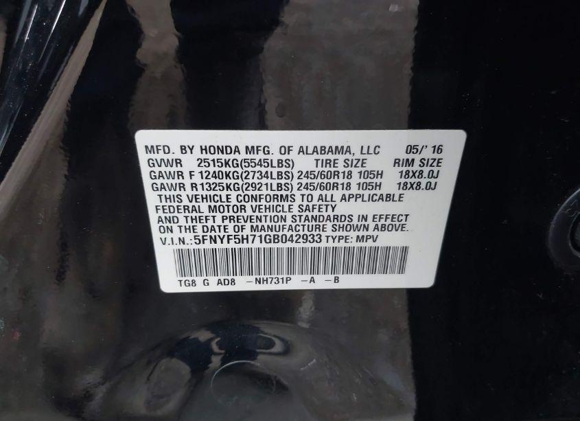 Photo 9 of 2016 Honda Pilot EX-L (VIN 5FNYF5H71GB042933)