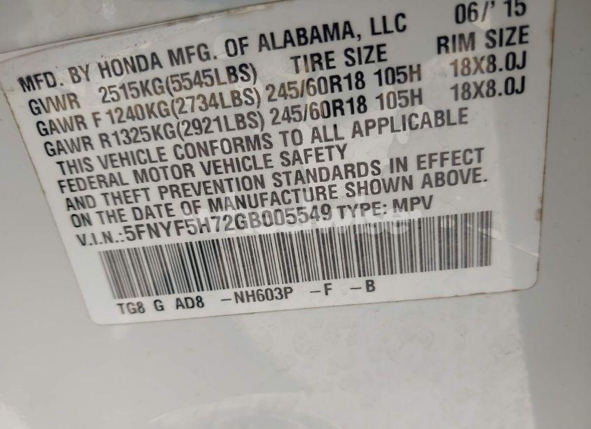 Photo 9 of 2016 Honda Pilot EX-L (VIN 5FNYF5H72GB005549)