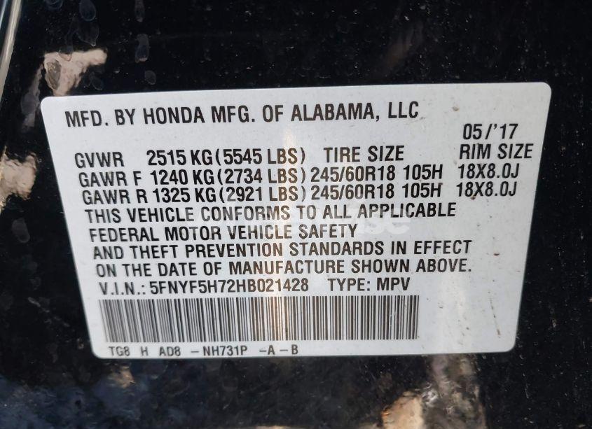 Photo 9 of 2017 Honda Pilot EX-L (VIN 5FNYF5H72HB021428)